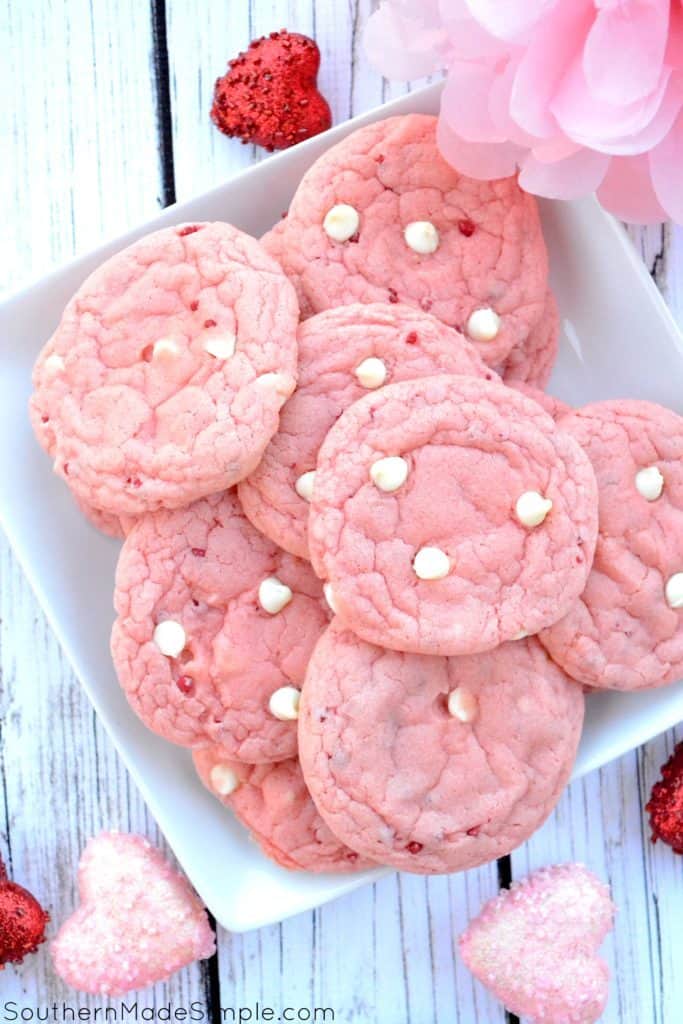 Strawberry Milkshake Cookies by Southern Made Simple | Valentine's Day is perfect for sweet treats. Check out these 7 easy Valentine's Day Desserts.  You'll get easy dessert recipes that you can make for your loved ones on Valentine's Day.  Valentine's day dessert recipes are festive and can be super easy. #ValentinesDayDesserts #ValentinesDay #desserts #dessertgifts #HWS #healthywealthyskinny