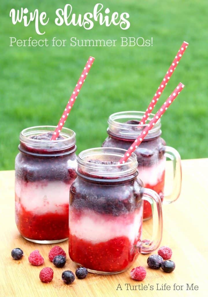 Wine Slushies by A Turtle's Life for Me - Nothing screams summer more than frosty fruity drinks. Wine slushies, mules, sangria,  mimosas, cocktails, margaritas, and more! Graduations, Memorial Day, Fourth of July, or just a summer gathering with friends and family are all great reasons to throw a summer party.  No summer party is complete without fruity, slushy, cold drinks. You'll love these 10 summer drink recipes.  You'll be happy you tried them all. #summerdrinks #summerdrinkrecipes #foodanddrink #frozendrinks #wineslushies #frozencocktails #cocktails #partydrinks #partydrinkrecipes #HWS #healthywealthyskinny