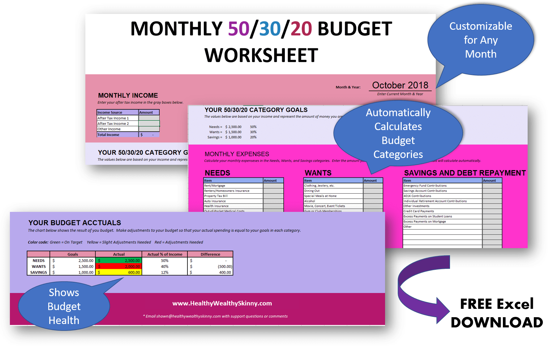 Free 50/30/20 Budget Worksheet | Free Excel Spreadsheet to help you create and maintain your monthly budget #budgeting #budget #freedownload #hws #healthywealthyskinny