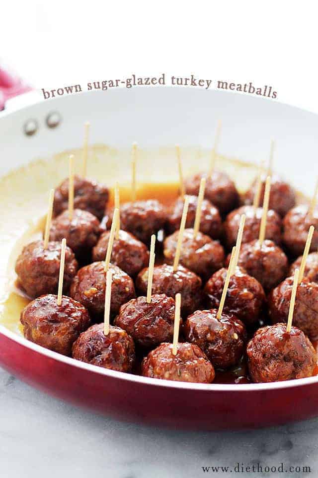 Brown Suger-Glazed Turkey Meatballs by Diethood | Super Bowl Party Food Ideas for your next super bowl party.  Get Super Bowl recipes for appetizers, main dishes,  chicken wings, drinks and cocktails. Find party food recipes to make your football party a crowd favorite. #superbowl #partyfood #partyrecipes #foodanddrink #superbowlparty #HWS #healthywealthyskinny