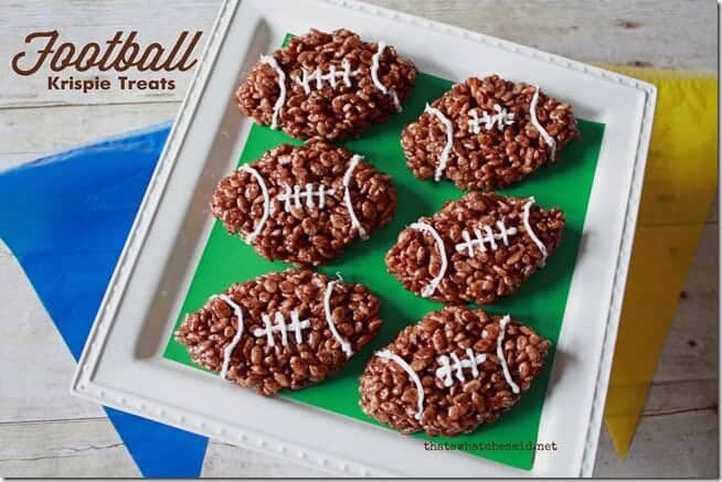 Football Rice Krispie Treats by That's What Che Said | Super Bowl Party Food Ideas for your next super bowl party.  Get Super Bowl recipes for appetizers, main dishes,  chicken wings, drinks and cocktails. Find party food recipes to make your football party a crowd favorite. #superbowl #partyfood #partyrecipes #foodanddrink #superbowlparty #HWS #healthywealthyskinny