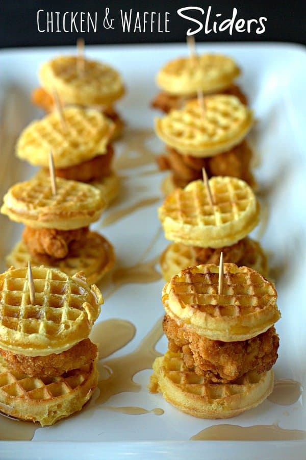 Chicken & Waffle Sliders by Food Folks and Fun | Super Bowl Party Food Ideas for your next super bowl party.  Get Super Bowl recipes for appetizers, main dishes,  chicken wings, drinks and cocktails. Find party food recipes to make your football party a crowd favorite. #superbowl #partyfood #partyrecipes #foodanddrink #superbowlparty #HWS #healthywealthyskinny