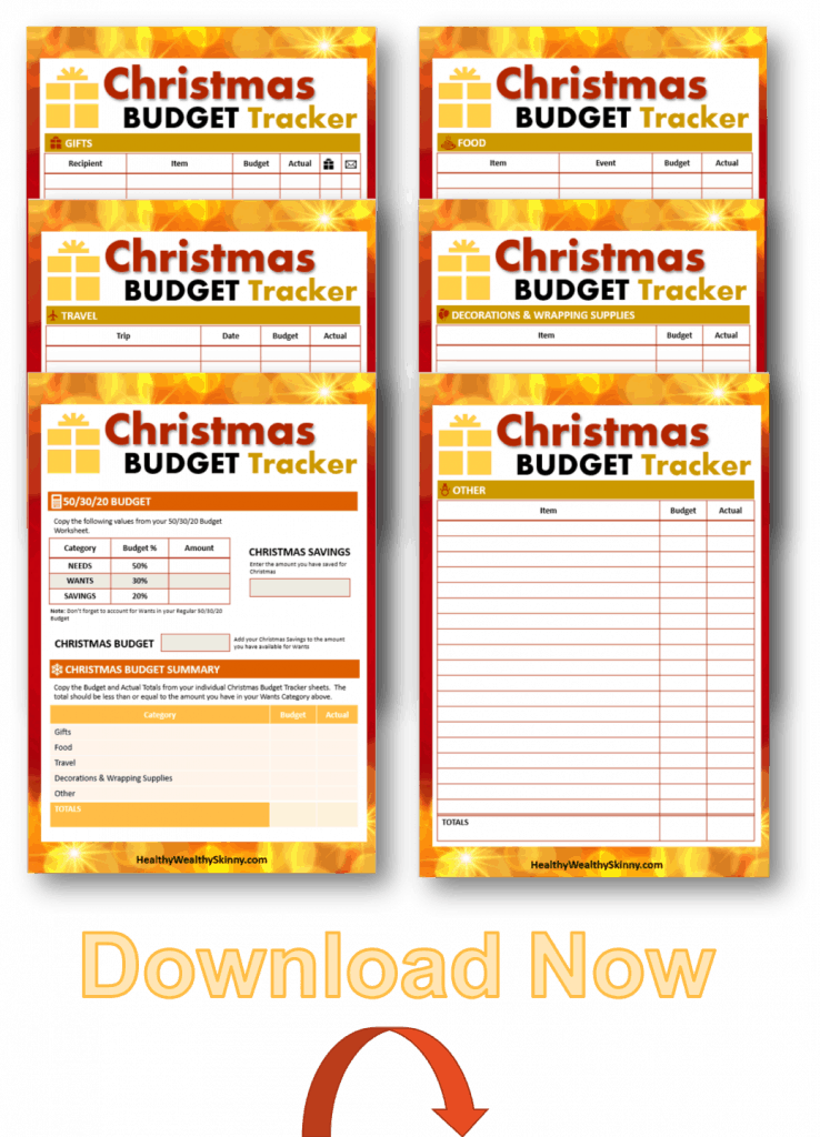 Download a copy of our Free Christmas Budget Tracker. It is a printable pdf that you can print to keep track of all of your holiday expenses.