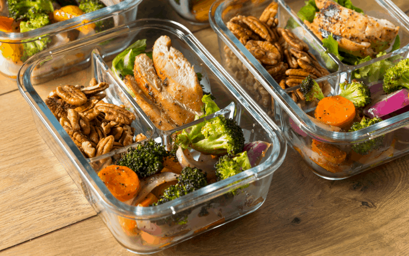 Save money by buying glass meal prep containers. They are reusable, microwavable, and freezable.